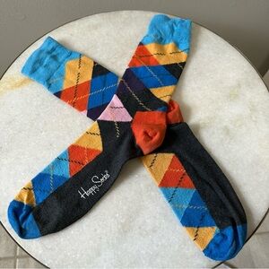 Happy Socks Men Size L 9-13 Colorful Plaid Jacquard Argyle Mid Calf Socks Preppy